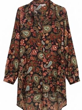 Spense Vintage Black Multi Paisley Floral Button-Front Tunic